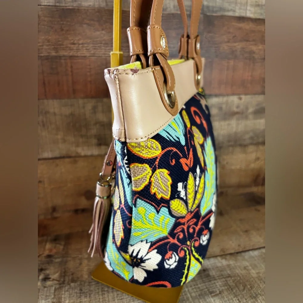 Spartina 449 Daufuskie Island Amelia Linen Leather Satchel Handbag Blue Floral